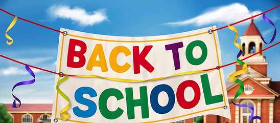 A colorful "Back to School" banner with vibrant letters and ribbons, displayed outdoors against a clear blue sky, welcoming students back  