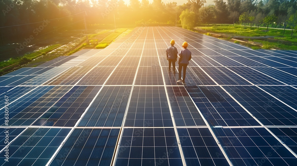 Aufkleber the solar farmsolar panel with two engineers walk to check the operation of the system alternative e