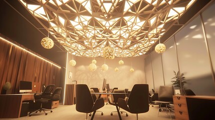 The room includes a large, comfortable seating area with sofas and armchairs, a coffee table, and an open-plan kitchen and dining area in the background. The ceiling has an intricate design with reces