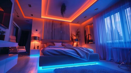 The room includes a large, comfortable seating area with sofas and armchairs, a coffee table, and an open-plan kitchen and dining area in the background. The ceiling has an intricate design with reces