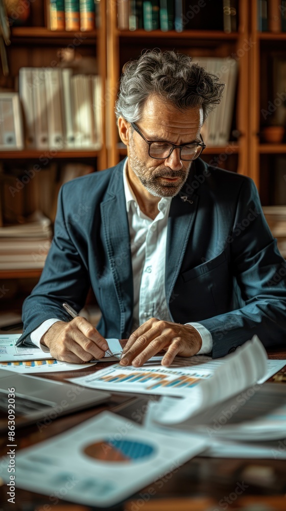 Poster business professional analyzing financial graphs and charts in an office setting, focusing on data f