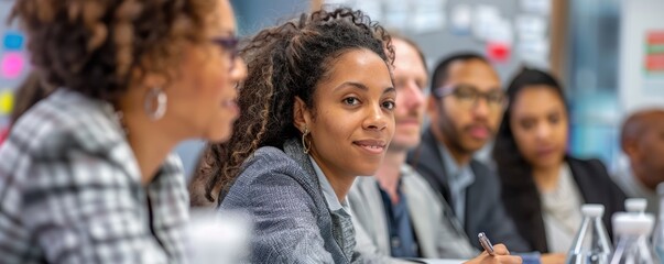 Diverse business team engaged in a meeting, discussing strategies and collaborating in a modern office setting.