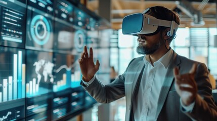 Businessman using VR headset to visualize data on interactive screens in modern office, exploring virtual reality technology.
