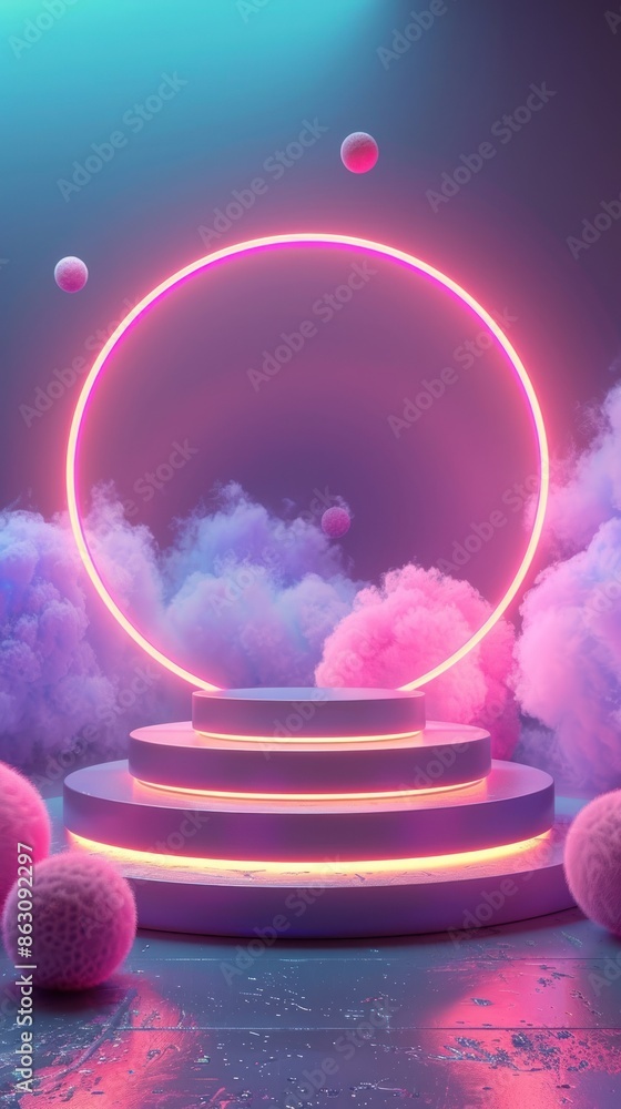Poster surreal neon-lit stage with glowing circle frame, surrounded by clouds and floating spheres in a dre