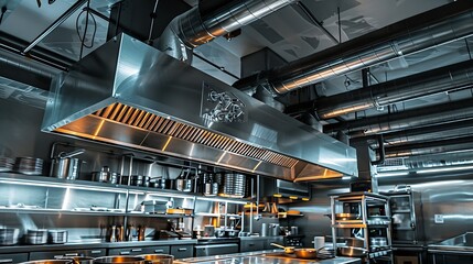 Ventilation industrial equipment Pipes for air purification in production Ventilation in restaurant kitchens Galvanized air hoods under ceiling Metal ventilation ducts Cafe kitchen equ : Generative AI