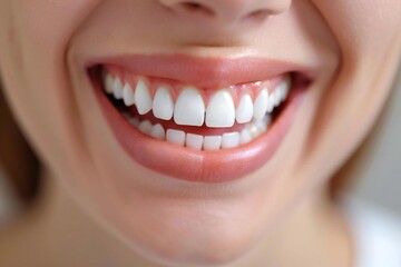 Fototapeta premium Close-up of a laughing woman's teeth before and after whitening, with some people wearing eyeglasses.
