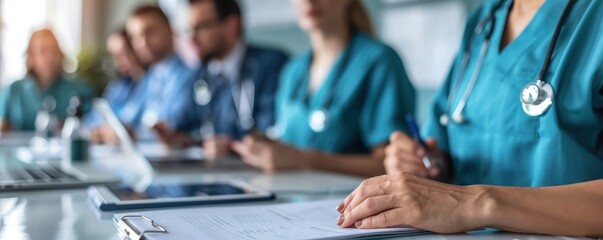 Healthcare professionals at a medical conference, discussing patient reports and treatment strategies. Doctors focused on collaborative work.