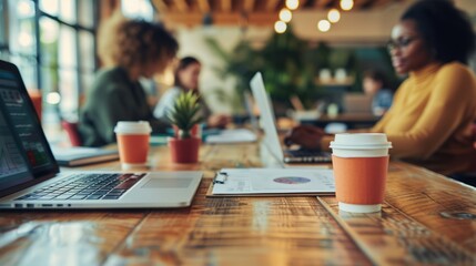 Collaborative work environment with diverse professionals using laptops and enjoying coffee in a modern open office space.