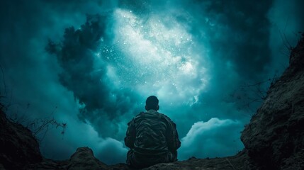 Soldier in camouflage contemplates the vast starry sky, silhouetted against a deep abyss.