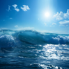Fototapeta premium A photo capturing a majestic ocean wave cresting under the radiant sun, surrounded by a clear blue sky with a few scattered clouds. The wave sparkles reflectively.