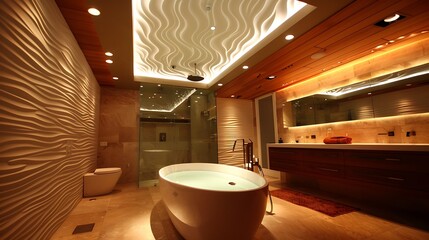 The room includes a large, comfortable seating area with sofas and armchairs, a coffee table, and an open-plan kitchen and dining area in the background. The ceiling has an intricate design with reces