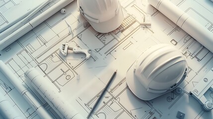 Layout of drawing blueprints for architectural project with construction helmet : Generative AI