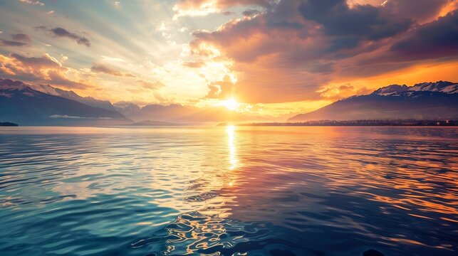 Bright sunset over lake Geneva Switzerland golden clouds reflect in the water : Generative AI