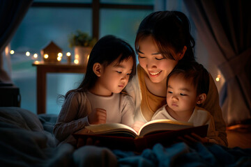 asian mother reads a book to her two daughters before bed