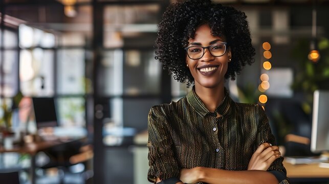 Portrait happy successful business woman boss in shirt smiling and looking at camera office with crossed arms african american woman with curly hair on desk computer programmer in glas : Generative AI