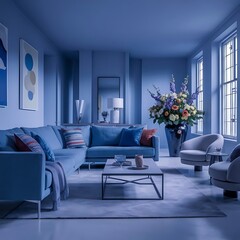 Fototapeta premium Living room with blue sofa, striped armchair and leather ottoman. View of beautiful bright color kitchen room 