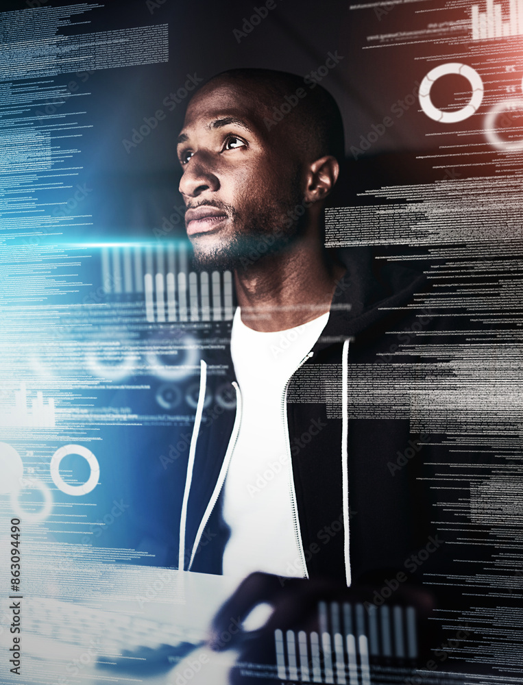 Poster black man, overlay and computer with cybersecurity on fraud or cloning for credit card, information 