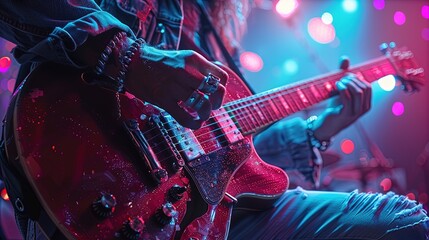 A person is playing a guitar in a club with lights on
