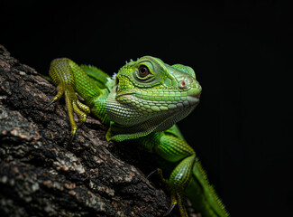 Fototapeta premium A green lizard on a black background. A large bright green iguana sitting on a tree trunk.