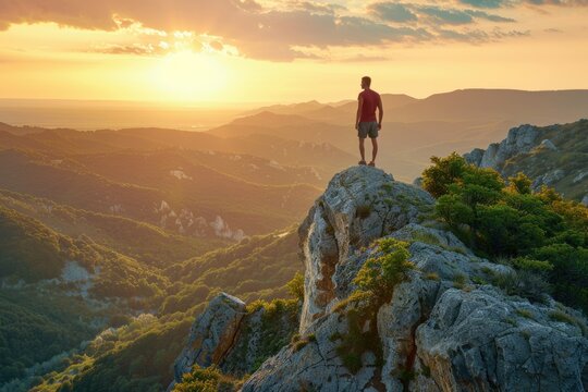 Young man standing on top of cliff in summer mountains at sunset and enjoying view of nature