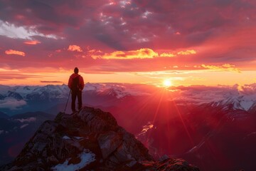 Obraz premium Man enjoys sunset view atop Cheam Peak Canada.