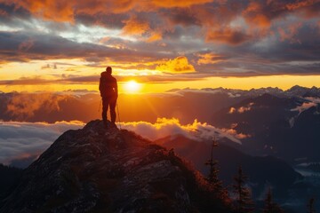 Fototapeta premium Man enjoys sunset view atop Cheam Peak Canada.