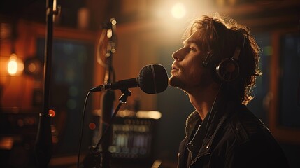A man is singing into a microphone in a recording studio