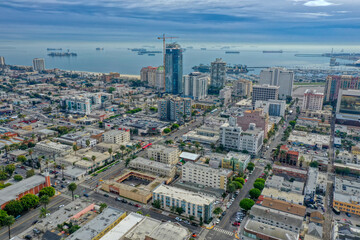 Fototapeta premium Aerial View of Long Beach Skyline and Harbor