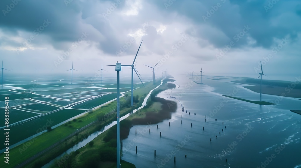 Poster windmill park with clouds during a rainy day windmill park in the ocean aerial view with wind turbin