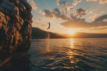 Cliff Jumping into the Ocean at Sunset Outdoor Adventure Lifestyle