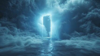 Mystical ethereal landscape with a glowing neon doorway amid smoke and clouds symbolizing imagination and dreams, 3D render abstract concept