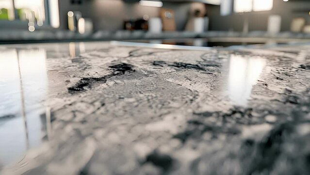 Smooth and glossy surface of a white and grey granite kitchen island revealing vibrant natural variations of color and texture.