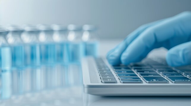 Detailed analysis of clinical trial results, scientists reviewing data on computers, focus on accuracy and thorough evaluation, high-tech lab environment