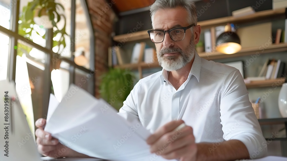 Poster mature businessman in shirt doing paperwork man working with documents contracts and bills sitting a