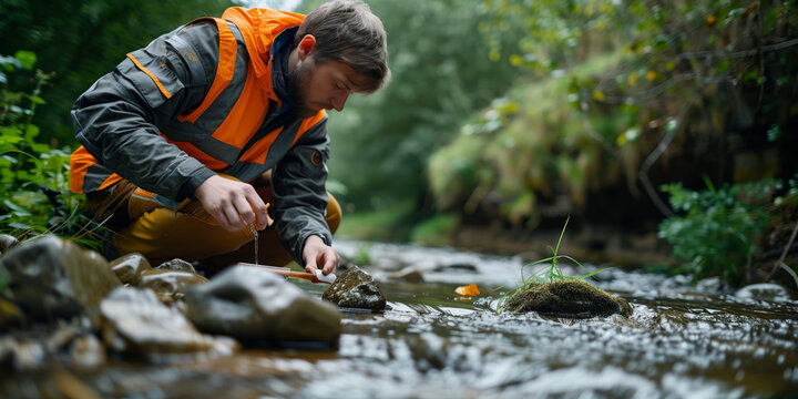 A person wearing hi viz is testing the water quality of a river or stream
