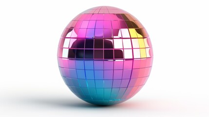 Obraz premium Colorful mirrored disco ball isolated on white, lively reflections, dynamic and festive design, perfect for party and celebration scenes