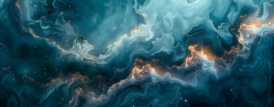 Abstract fluid art background with swirling patterns of dark blue and teal colors, resembling an ocean waves in motion, organic background, wallpaper, 4K