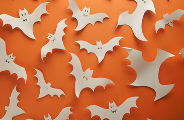 Halloween background with paper cut bat and ghost on branch, orange color, flat lay style, copy space