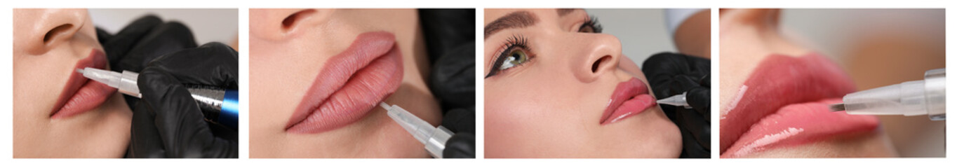 Young woman getting permanent makeup on lips in beauty salon, collage