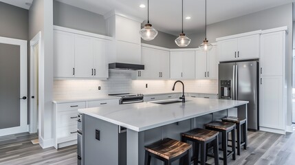 Modern kitchen remodel with cool tones of white and grey with a minimalist feel : Generative AI