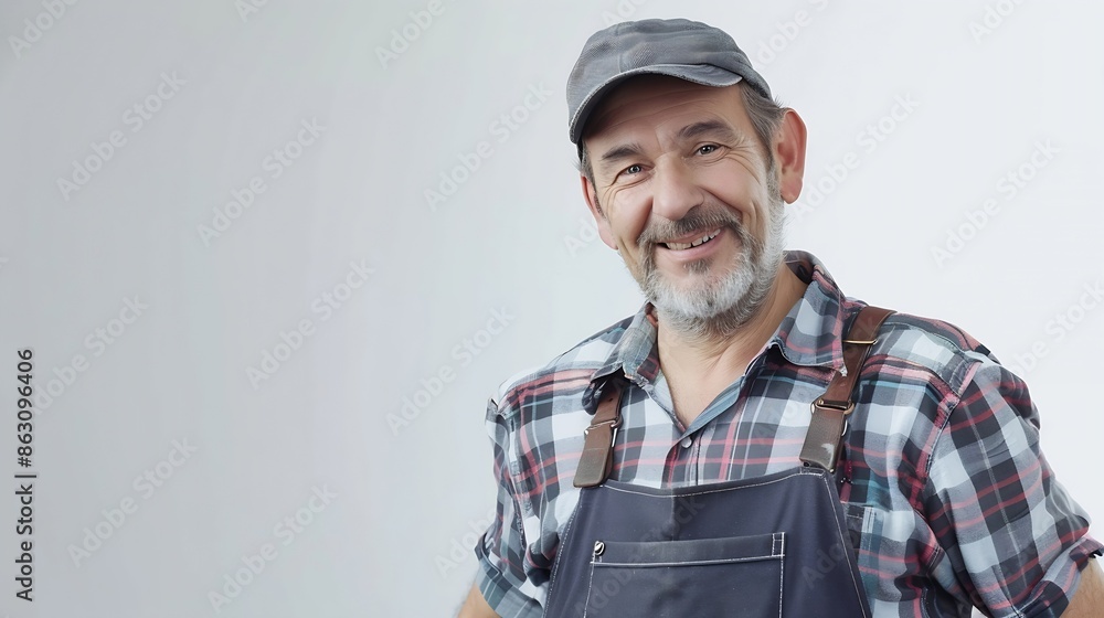 Poster portrait of mature happy handyman presenting something isolated on white background : generative ai