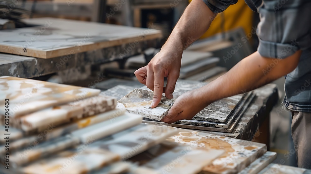 Poster architect hand choosing sample of stone material or tile texture collection on the table in studio d