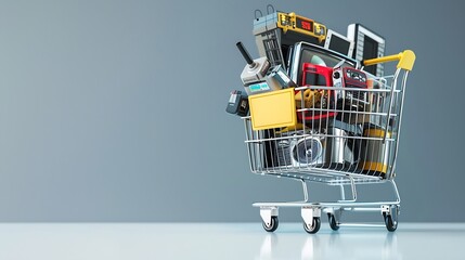 Shopping cart full of household goods appliances and electronics sales and retail concept : Generative AI