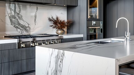 A kitchen detail with grey cabinets white marble countertops and waterfall island and stainless steel appliances No brands or labels : Generative AI