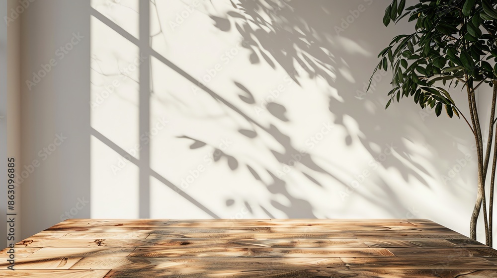 Poster empty wooden table with sunlight shining through window and casting shadows of tree leaves. blank ba