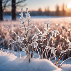 Winter season frozen plants in nature