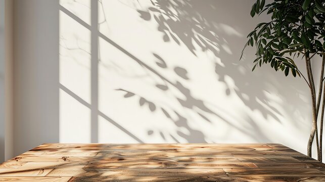 Empty wooden table with sunlight shining through window and casting shadows of tree leaves. Blank background for product placement and minimalist design.