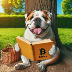 smiling bulldog dog, sitting under the tree, on a sunny day, enjoying the shade while reading a book with the bitcoin symbol on the cover