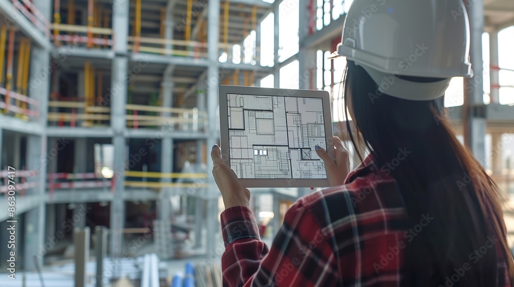 Poster Construction woman tablet or architect blueprint with engineer planning documents or research on web for innovation idea Design engineering or tech for creative strategy in constructio : Generative AI