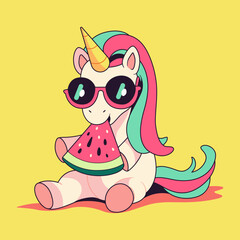 Cute baby unicorn in sunglasses eating watermelon vector illustration. Graphic design for postcard, banner, poster. Hot summer concept. Funny character isolated on background. Cartoon hand drawn style